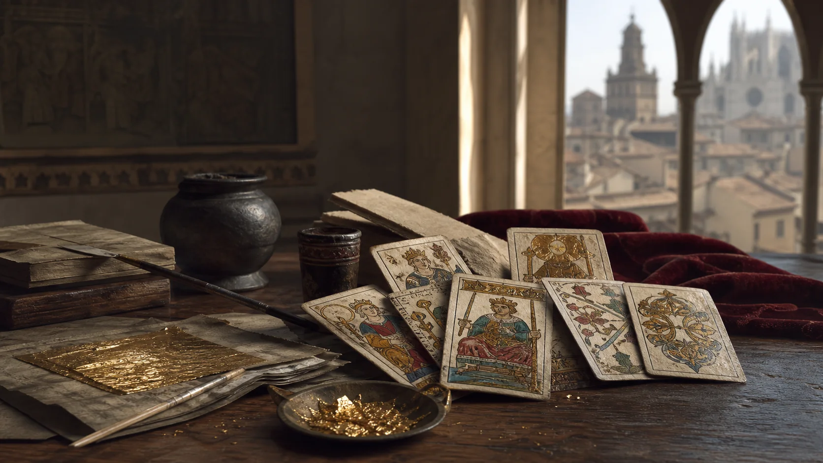 Cartes peintes à la main de style Renaissance et feuilles d'or sur une table d'érudit dans le nord de l'Italie