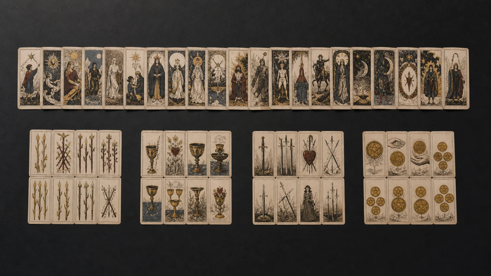 Un jeu de tarot complet organisé en cartes majeures et quatre groupes de couleurs sur papier charbon