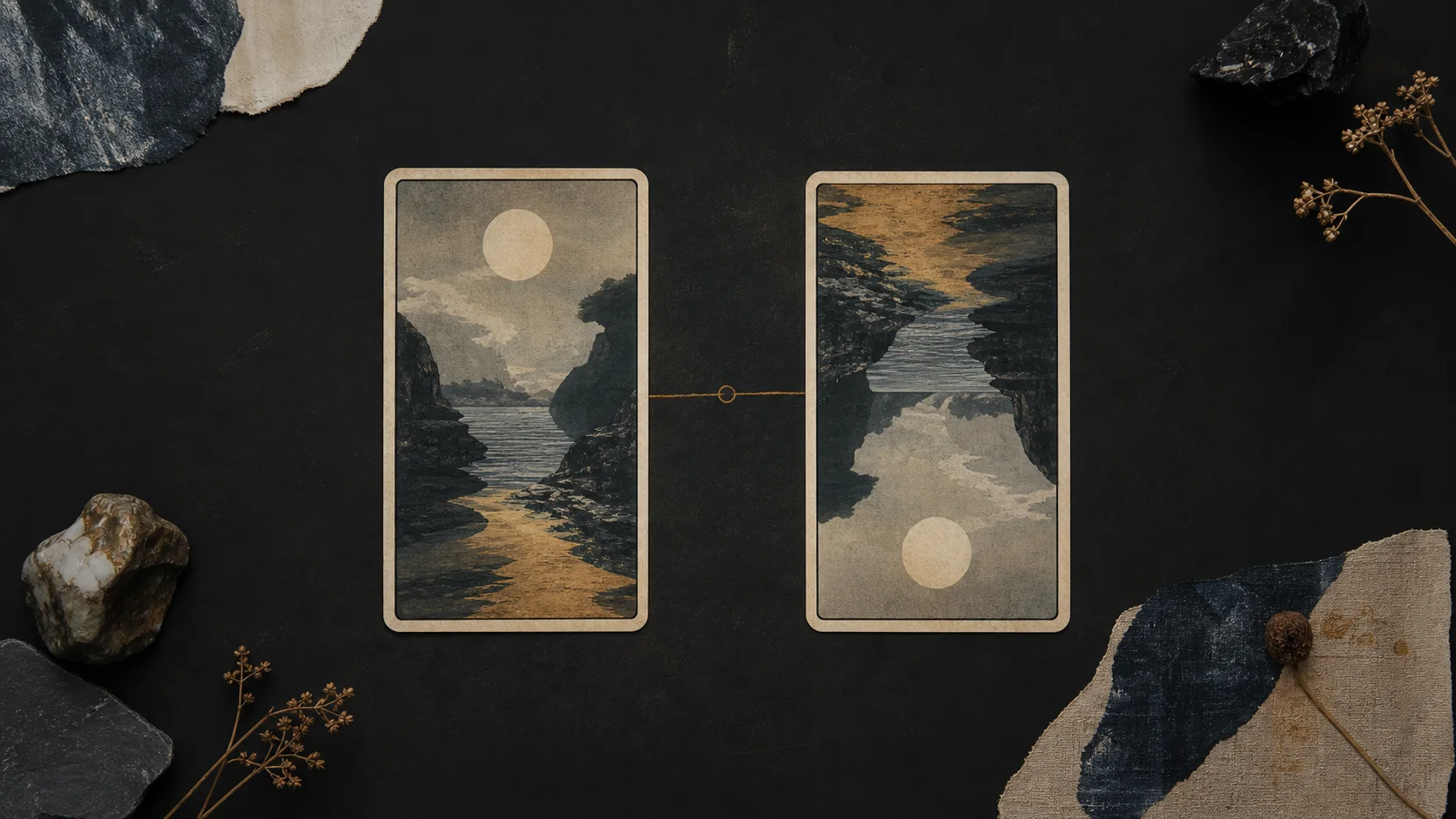 Deux cartes de tarot paysage montrant la même scène à l’endroit et pivotée dans une composition éditoriale sobre