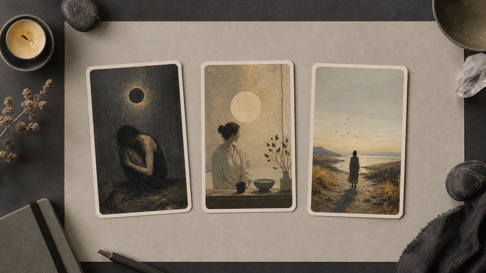 Trois cartes originales passant de l'ombre à la clarté présente vers un horizon ouvert