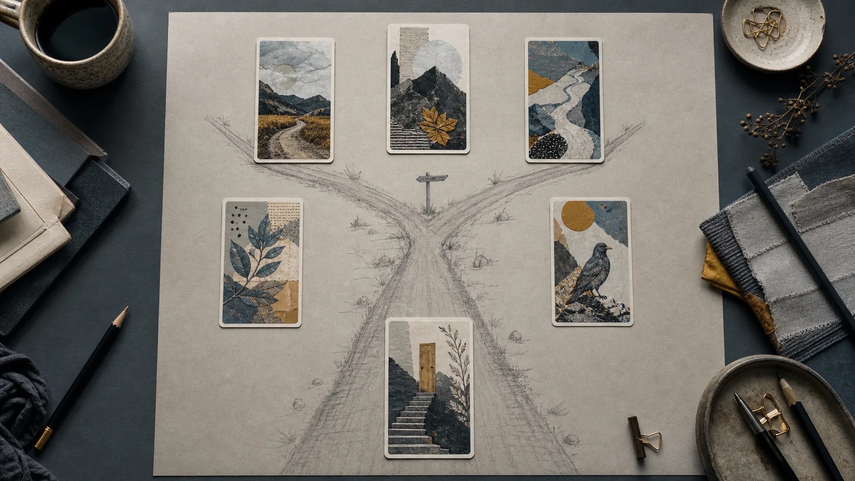 Six cartes disposées autour d'un dessin au graphite d'un chemin bifurqué sur un bureau de planification