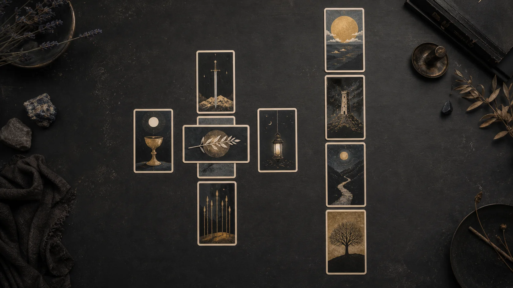 Exactement dix cartes de tarot sombres disposées dans la disposition classique de la Croix celtique