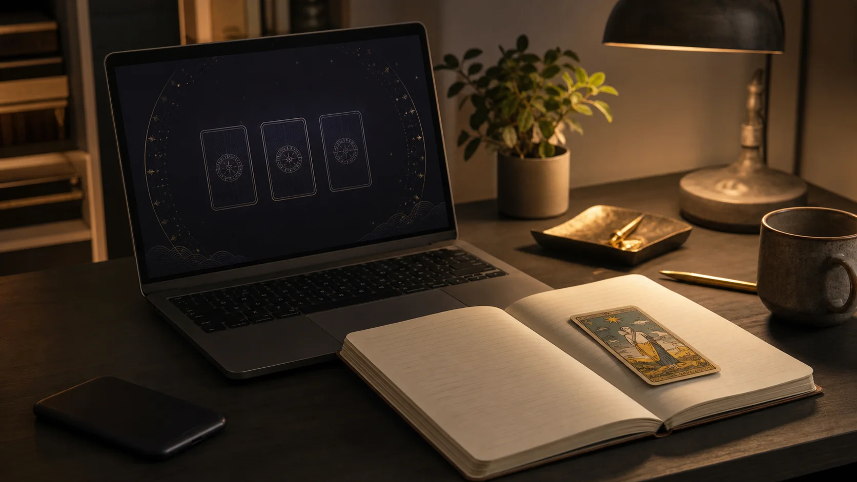 Un bureau privé avec un tirage de trois cartes sombre sur un ordinateur portable, un journal ouvert et une carte de tarot